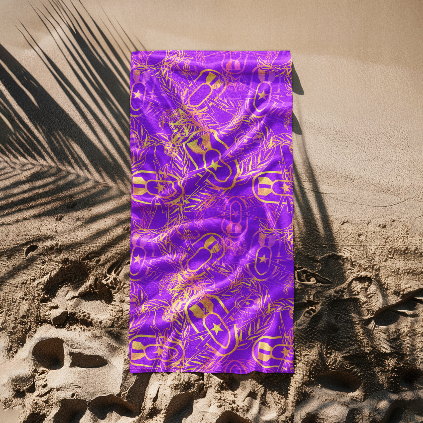 Print On Demand - Beach Towel - "It's 5 o'clock Somewhere" (Yellow on Purple)