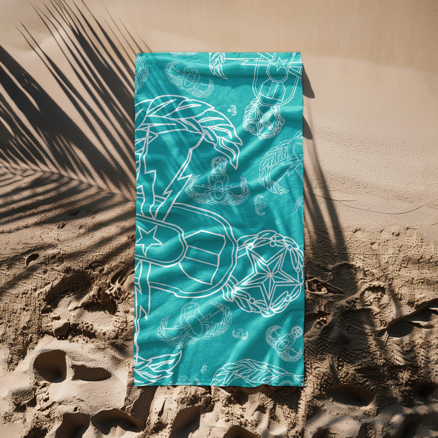 Print On Demand - Beach Towel - "EOD Mixed Badges" (White on Turquoise)