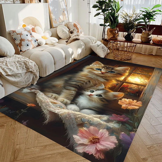1pc Two Cute Cartoon Cats with Printed Carpets Warm Living Room Carpets Anti Slip Mats Home Decor