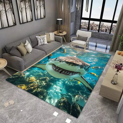 3D Shark Print Area Rug Realistic Underwater Scene Living Room Carpet For Home Decoration Marine Life Enthusiasts