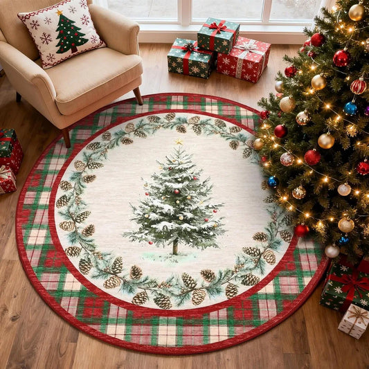 Christmas Tree Round Rug – Brown Washable Holiday Carpet