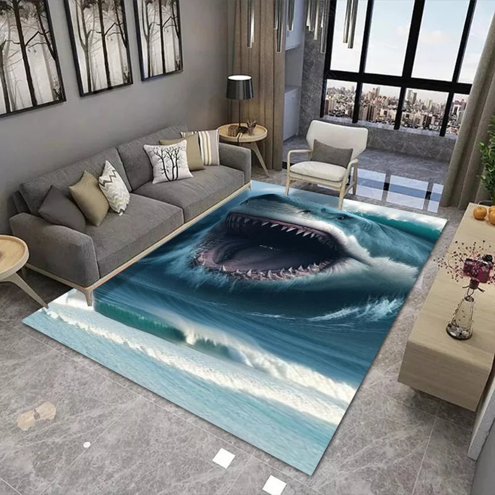 3D Shark Print Area Rug Realistic Underwater Scene Living Room Carpet For Home Decoration Marine Life Enthusiasts