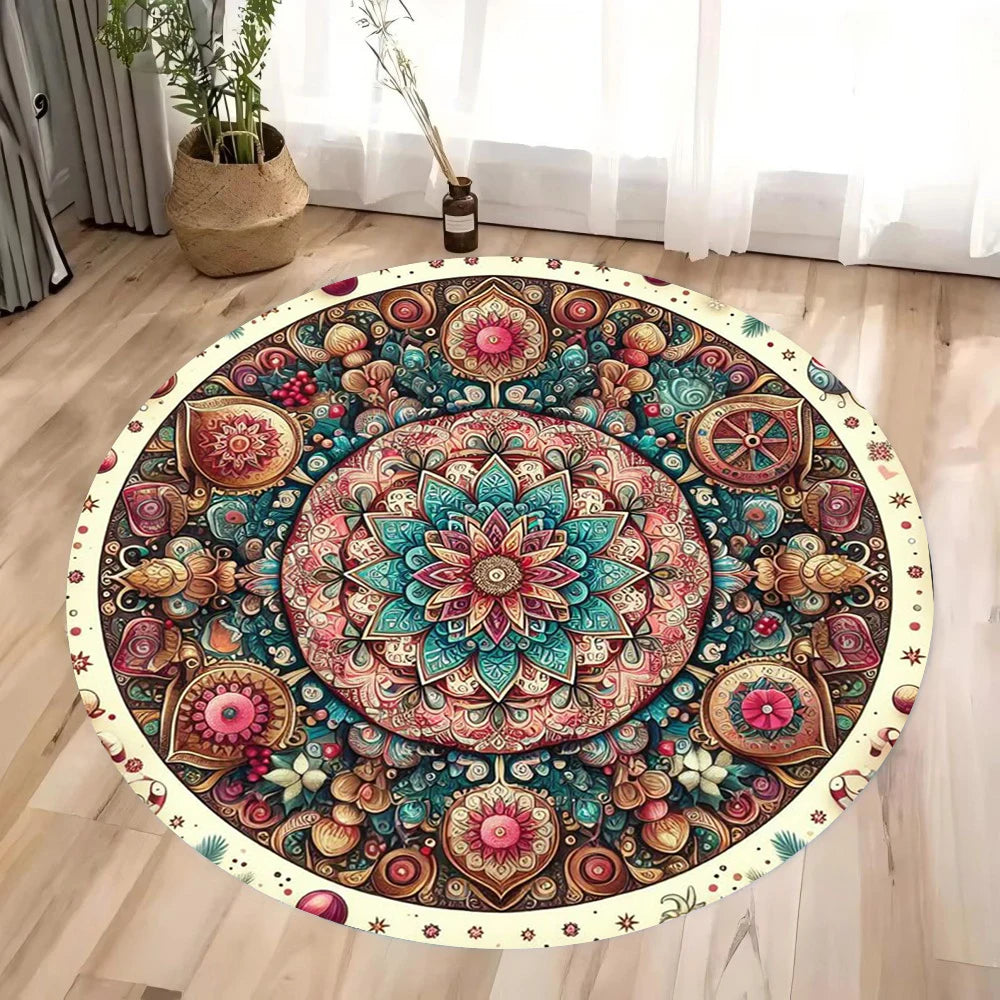 Colorful 3D Mandala Chakra Round Rug – Meditation & Yoga Non-Slip Washable Carpet for Bedroom & Living Room