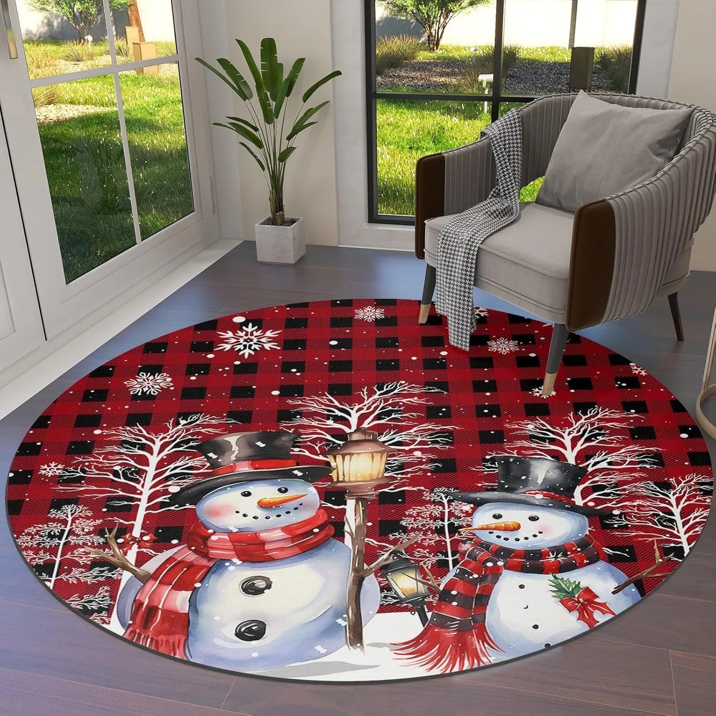 Winter Christmas Snowman Round Rug – Non-Slip Circle Carpet for Living Room, Bedroom & Holiday Home Decor