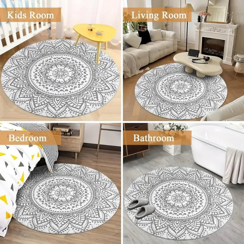 Vintage European Floral Mandala Round Rug – Soft Geometric Carpet for Living Room & Bedroom