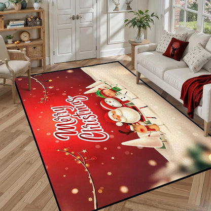 Xmas Area Rug – Merry Christmas Floor Mat, Anti-Slip Washable Flannel Carpet for Bedroom, Living Room & Kitchen