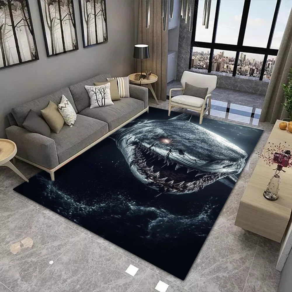 3D Shark Print Area Rug Realistic Underwater Scene Living Room Carpet For Home Decoration Marine Life Enthusiasts