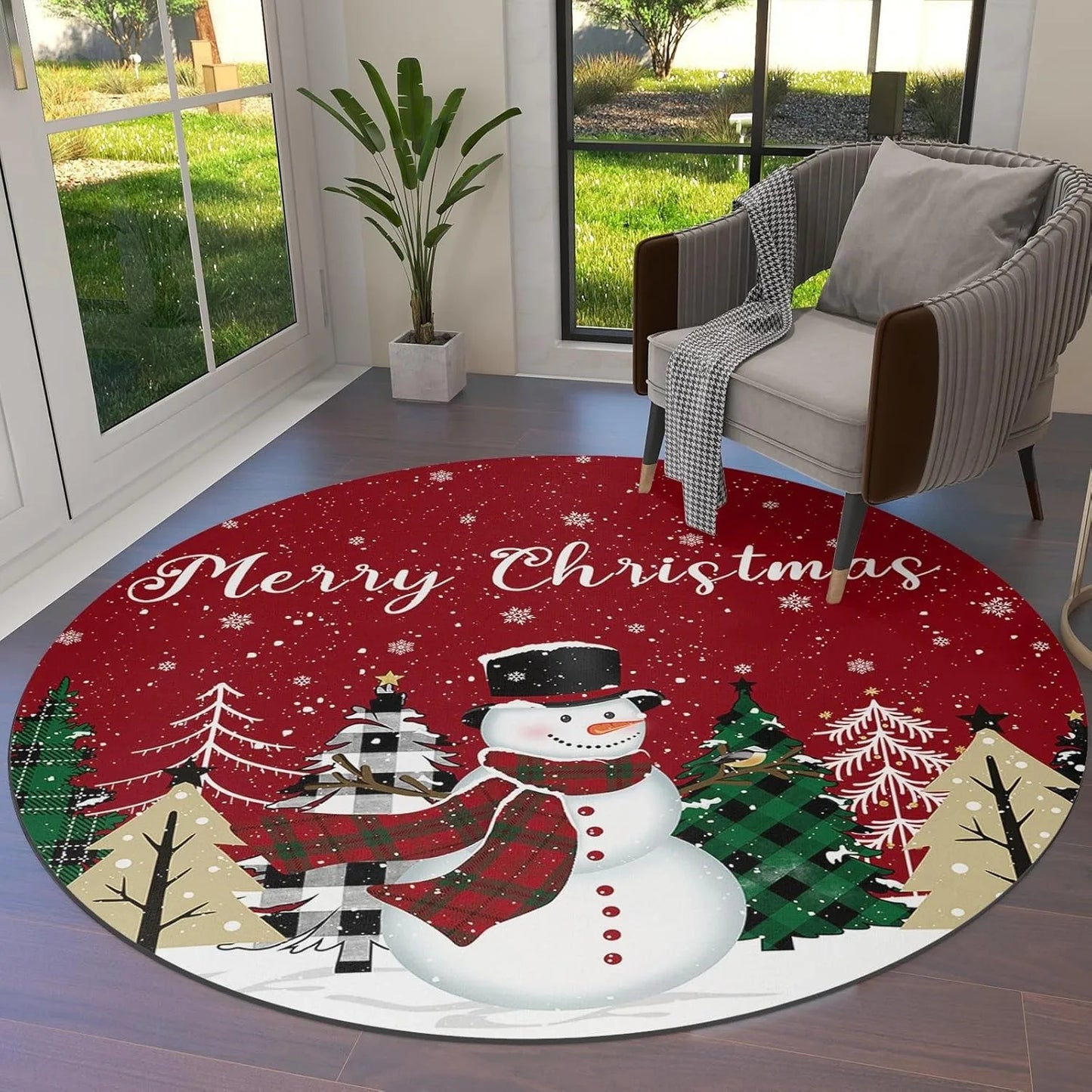 Winter Christmas Snowman Round Rug – Non-Slip Circle Carpet for Living Room, Bedroom & Holiday Home Decor