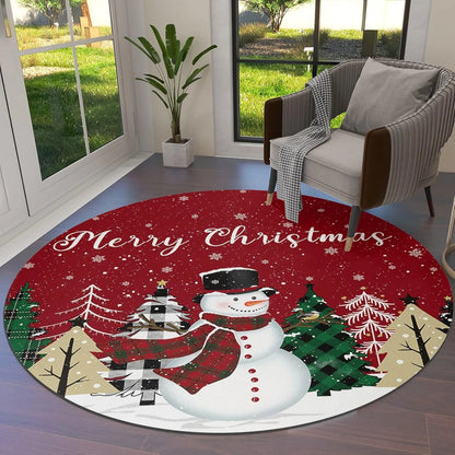 Winter Christmas Snowman Round Rug – Non-Slip Circle Carpet for Living Room, Bedroom & Holiday Home Decor