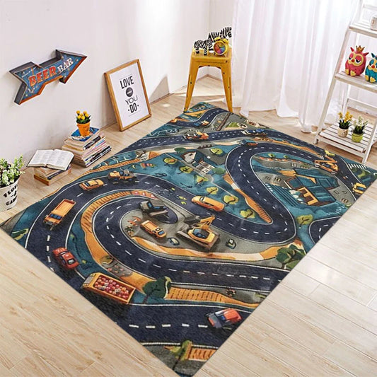 3D Car Road Construction Vehicle Area Rug with City Scene Kids Playroom Living Room Decorative Carpet
