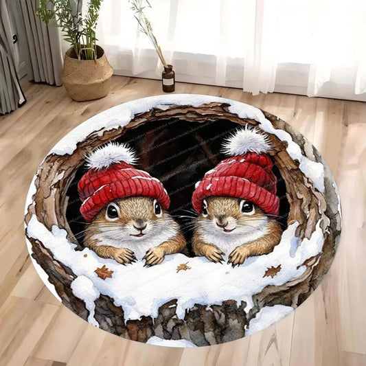 3D Squirrel Round Rug – Retro Vacation Anti-Slip Carpet