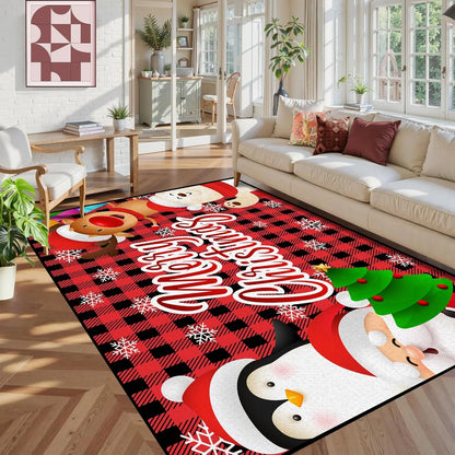 Xmas Area Rug – Merry Christmas Floor Mat, Anti-Slip Washable Flannel Carpet for Bedroom, Living Room & Kitchen
