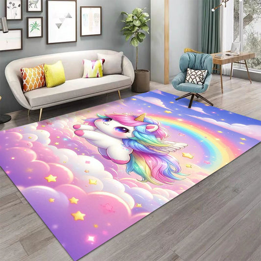 Cartoon Rainbow Unicorn Carpet for Girls Bedroom, Kids Nursery Play Mat, Bedside & Living Room Rug Decor