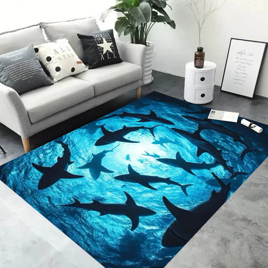 2D Underwater Shark Carpet – Wild & Mysterious Home Decor Rug