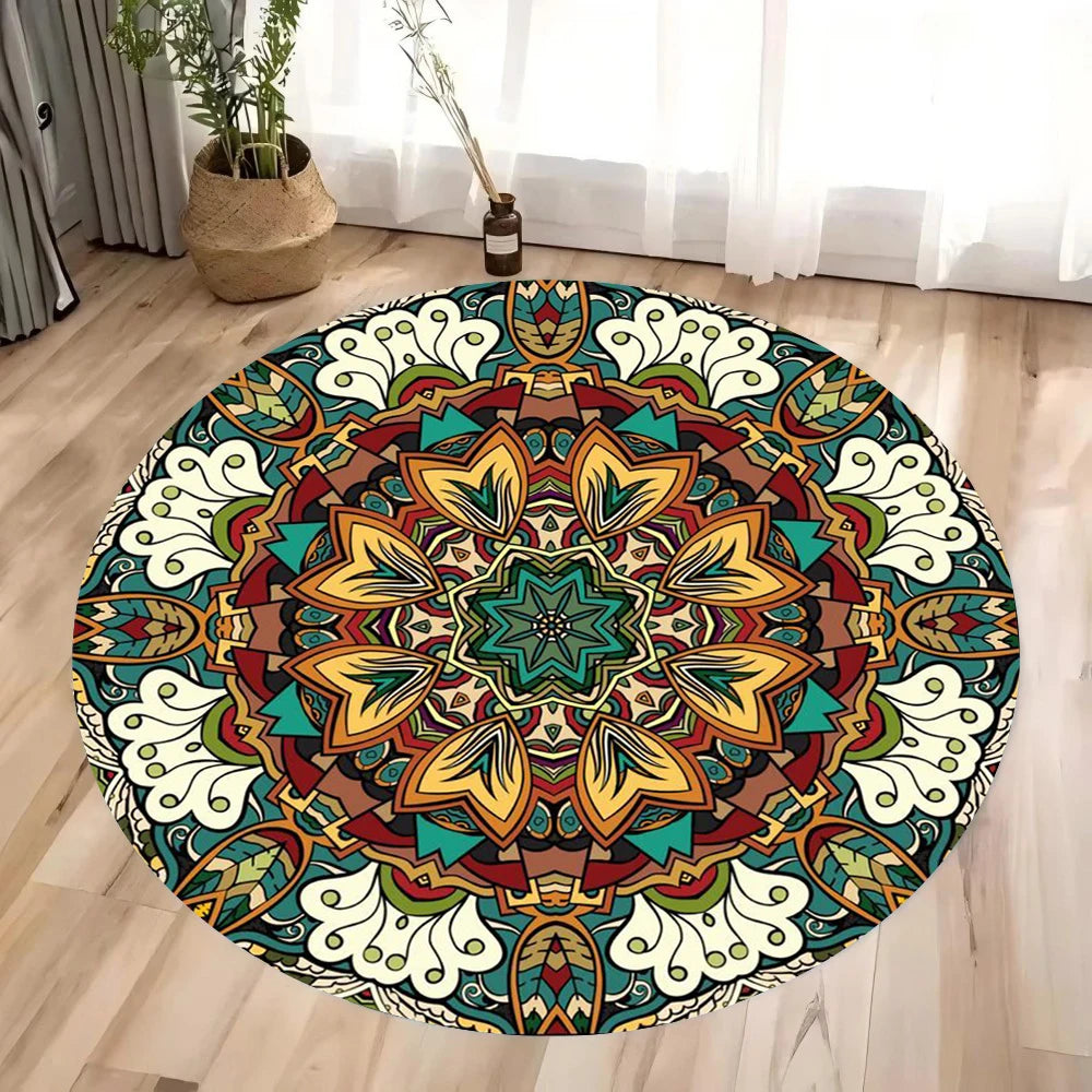 Colorful 3D Mandala Chakra Round Rug – Meditation & Yoga Non-Slip Washable Carpet for Bedroom & Living Room