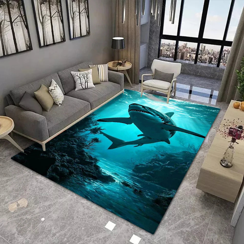 3D Shark Print Area Rug Realistic Underwater Scene Living Room Carpet For Home Decoration Marine Life Enthusiasts