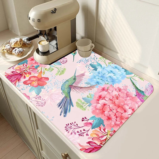 "Birds Floral Dish Drying Mat – Absorbent Non-Slip Heat-Resistant Kitchen Pad