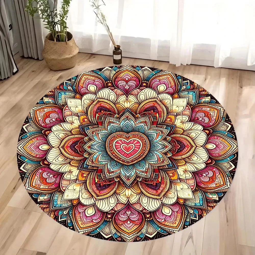 Colorful 3D Mandala Chakra Round Rug – Meditation & Yoga Non-Slip Washable Carpet for Bedroom & Living Room