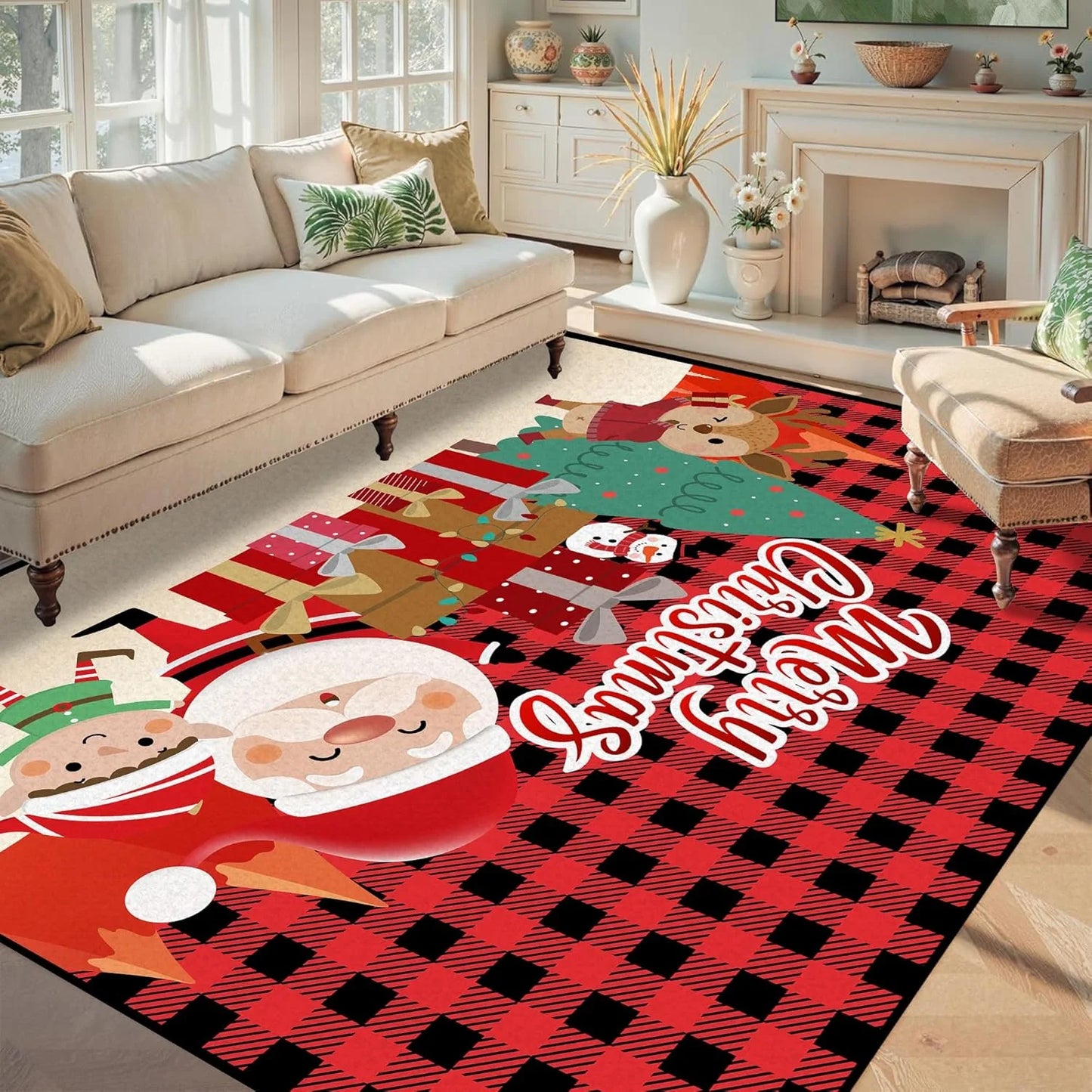 Xmas Area Rug – Merry Christmas Floor Mat, Anti-Slip Washable Flannel Carpet for Bedroom, Living Room & Kitchen