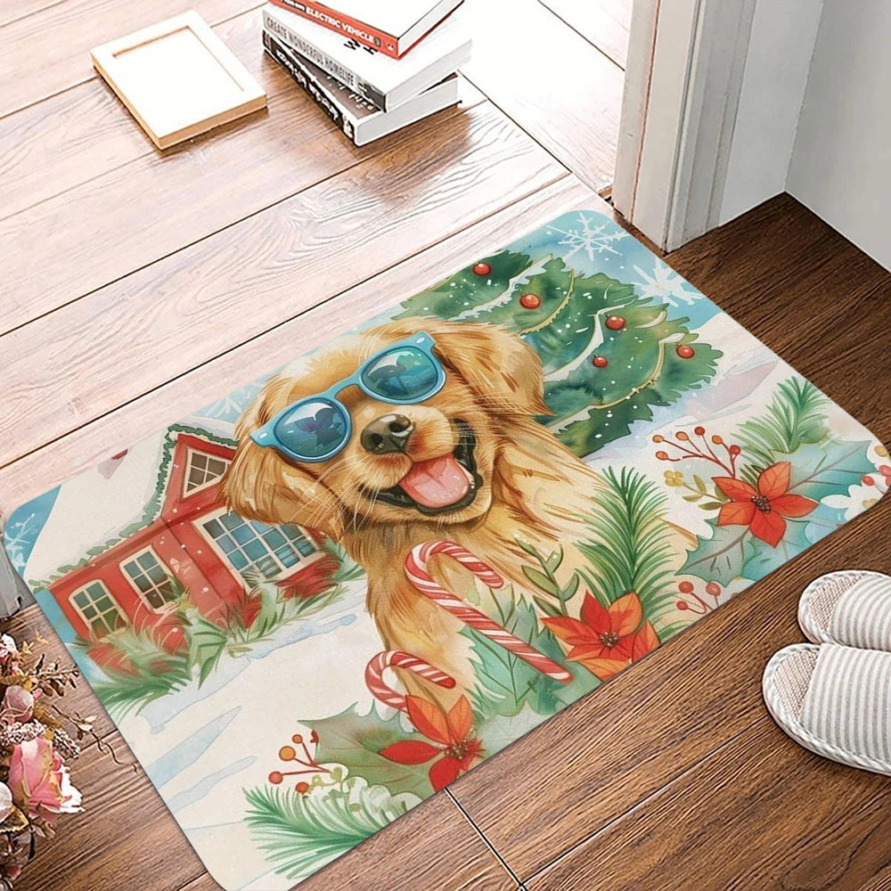 Christmas Golden Retriever Doormat – Non-Slip Washable Rug for Living Room, Bedroom, Bathroom & Kitchen