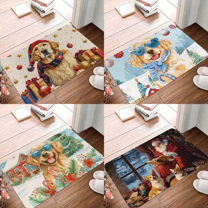 Christmas Golden Retriever Doormat – Non-Slip Washable Rug for Living Room, Bedroom, Bathroom & Kitchen