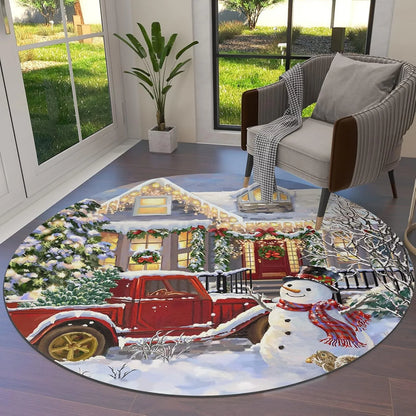 Winter Christmas Snowman Round Rug – Non-Slip Circle Carpet for Living Room, Bedroom & Holiday Home Decor