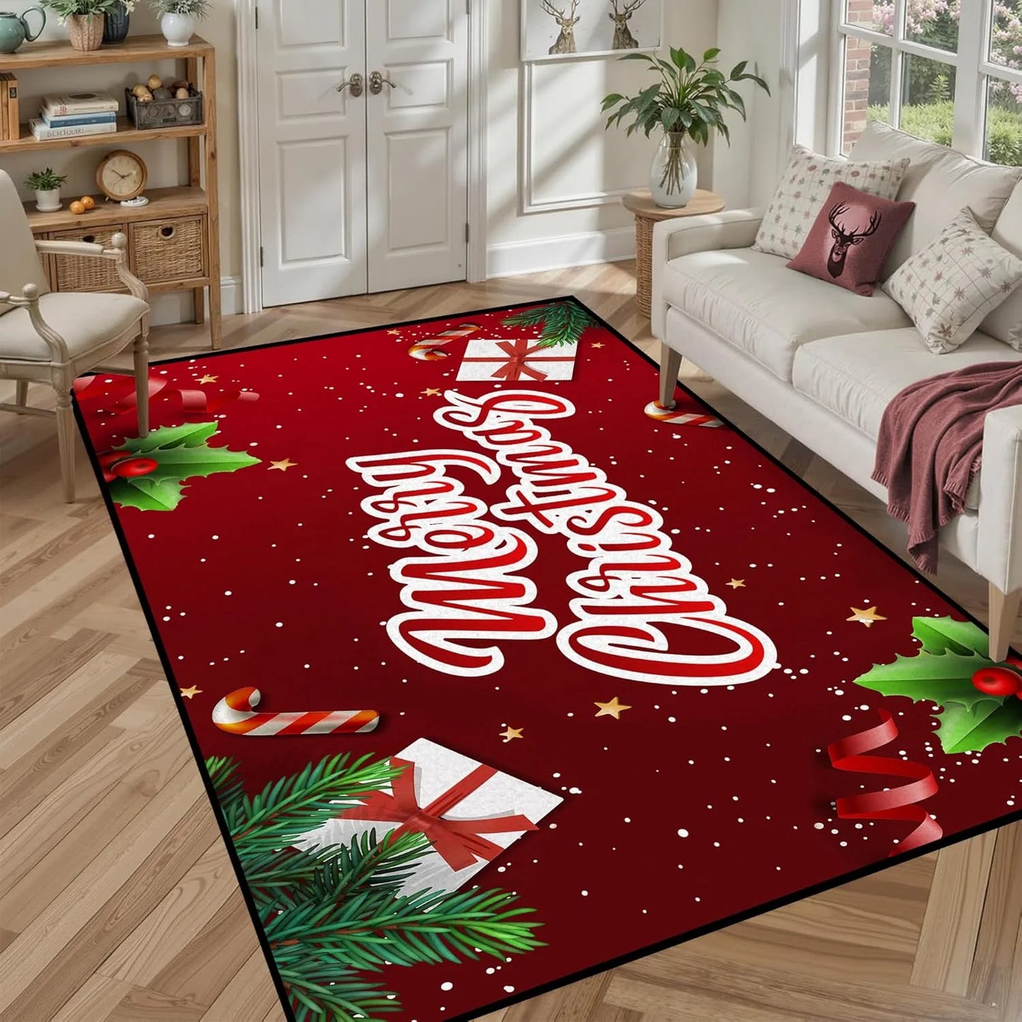 Xmas Area Rug – Merry Christmas Floor Mat, Anti-Slip Washable Flannel Carpet for Bedroom, Living Room & Kitchen
