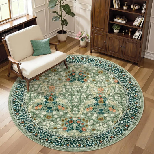Floral Round Rug – Washable Non-Slip Vintage Carpet