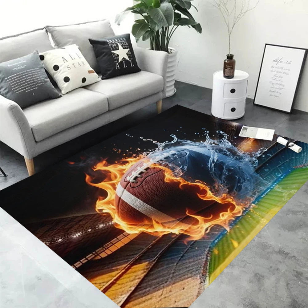 3D Football Rug for Boys Bedroom Doormat Water and Fire Cool Room Decoration Living Room Sofa Rugs