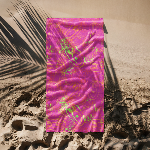 Print On Demand  - Beach Towel - "It's 5 o'clock Somewhere" (Neon Pink & Yellow)